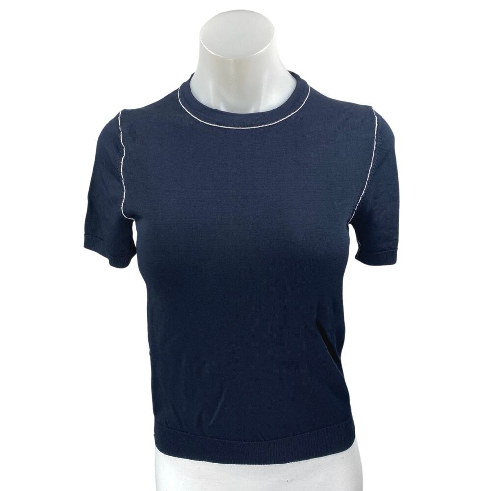 Zara Women's Blue Knit Short Puff Sleeve Crew Neck T-Shirt Blouse Top Size S